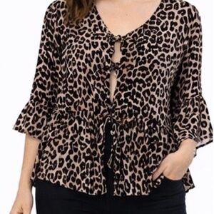 🌴 Cheetah Print 3 Tie Front Top w/ Balloon Sleeves